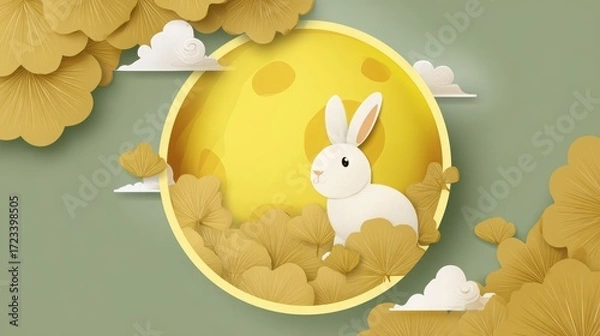 Fototapeta Cute cartoon vector illustration of moon and white rabbit with golden Chinese landscape elements, auspicious clouds, lotus, and floral patterns, minimalist flat design for mid autumn festival concept.