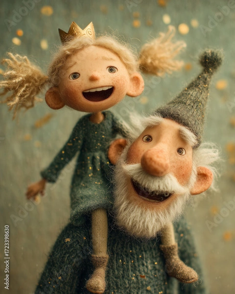 Fototapeta A heartwarming, handcrafted scene of a joyful little princess doll with a crown riding on the shoulders of a kind, smiling gnome. Magical fairytale concept.