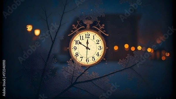 Fototapeta Time's Embrace: A vintage clock, nestled among delicate frost-kissed branches, stands as a timeless reminder of the beauty in every moment. The scene evokes a sense of nostalgia.
