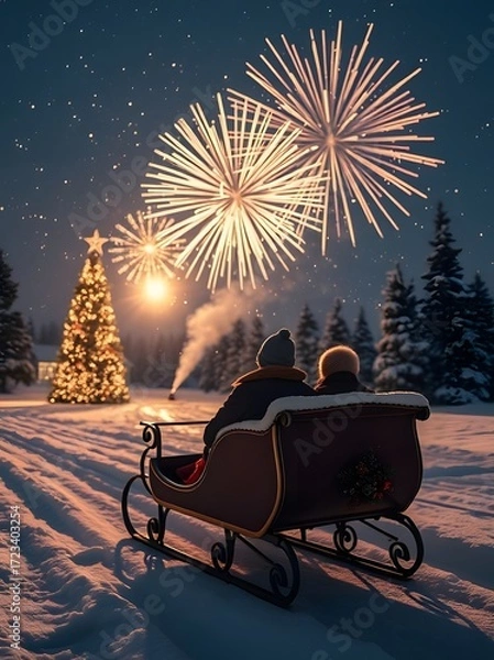 Fototapeta Winter Wonderland Spectacle: Capturing a tender moment as a couple enjoys a breathtaking firework display. Nestled in a horse-drawn sleigh amidst a pristine snow-covered landscape.
