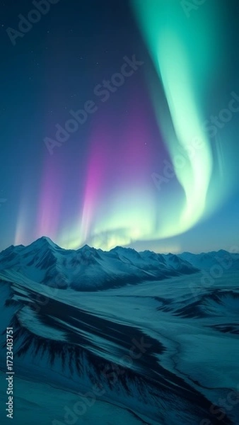 Fototapeta Aurora Borealis Display: The night sky comes alive with a breathtaking display of the Northern Lights, casting an ethereal glow over a serene snow-covered landscape and mountain range.