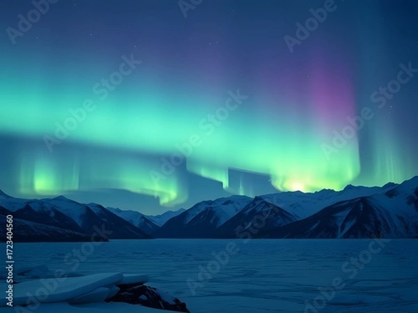 Fototapeta Aurora Borealis over Snowy Mountain: Witness the magical dance of the Aurora Borealis, painting the night sky above snow-covered mountains and a frozen lake.