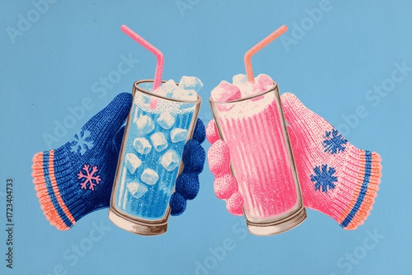 Fototapeta Quirky illustration of hands in winter mittens cheering with iced drinks. A funny, paradoxical concept about seasons, friendship and celebration.