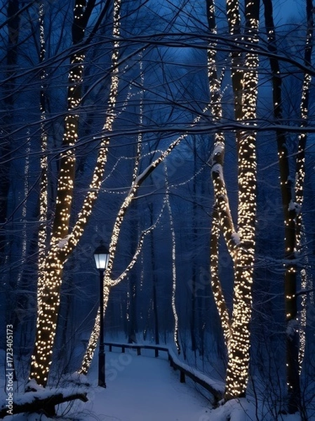 Fototapeta Enchanting Winter Night: A picturesque winter landscape where trees adorned with twinkling lights frame a snow-covered path leading into a serene and magical forest scene under a cool, dark night.