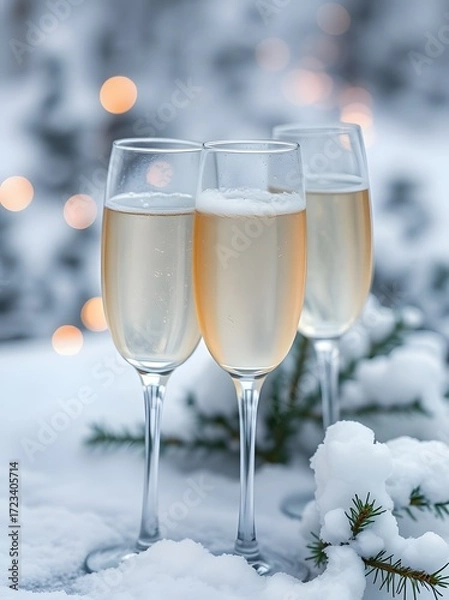 Fototapeta Champagne Flutes Amidst Snowy Splendor: Three elegant champagne flutes are artfully arranged amidst a serene, snow-covered landscape, creating a visual toast to winter's beauty and celebration. 