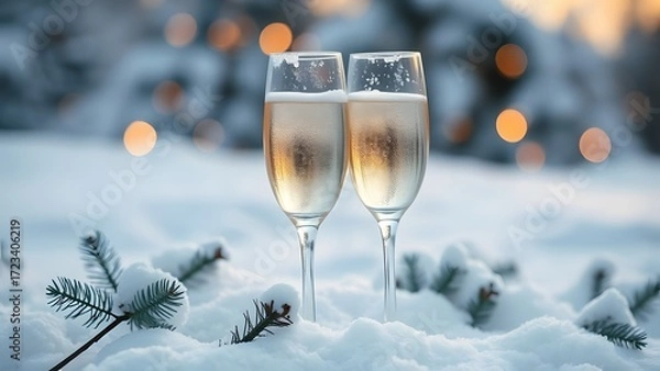 Fototapeta Winter Cheers: Two champagne glasses sparkle amid a winter wonderland of snow-covered foliage and soft bokeh lights, a perfect toast to celebrate the season and its enchanting atmosphere.
