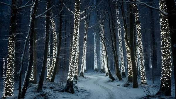 Fototapeta Enchanted Winter Wonderland: Illuminated trees casting a magical glow in a serene winter forest. 