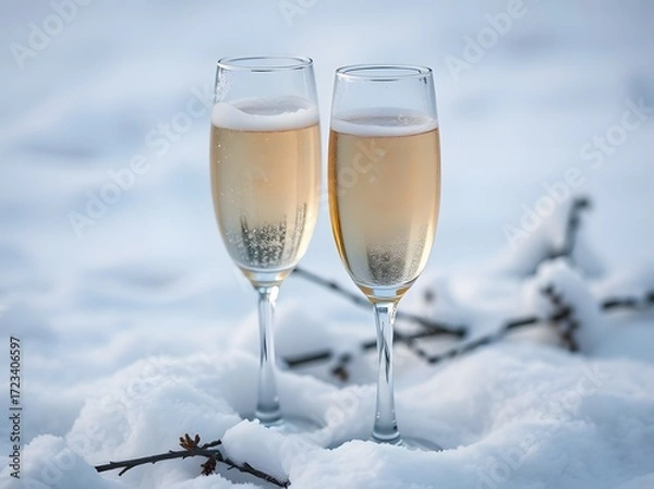 Fototapeta Champagne Glasses in Snow: Two elegant champagne glasses stand amidst a pristine, snow-covered landscape, the effervescent bubbles within catching the soft, natural light.