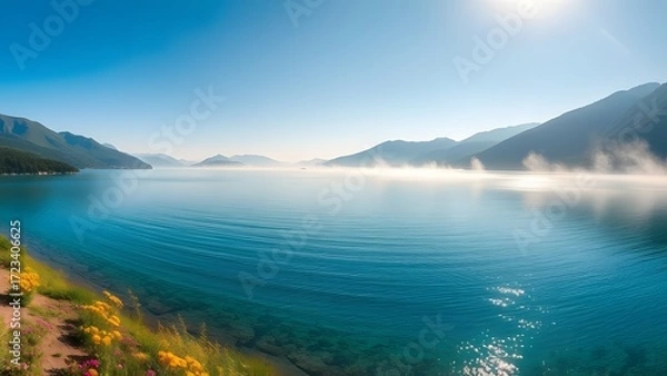 Fototapeta Serene Lakeside Vista: A tranquil panorama unfolds, showcasing a crystal-clear lake reflecting the azure sky and embracing the majestic mountains that embrace its shores, offering a sense of peace.