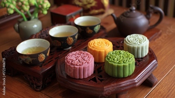 Fototapeta Traditional Chinese mooncake pastry with assorted filling served with herbal tea on wooden table festive dessert symbolizing Mid Autumn festival celebration in East Asian culture and holiday tradition