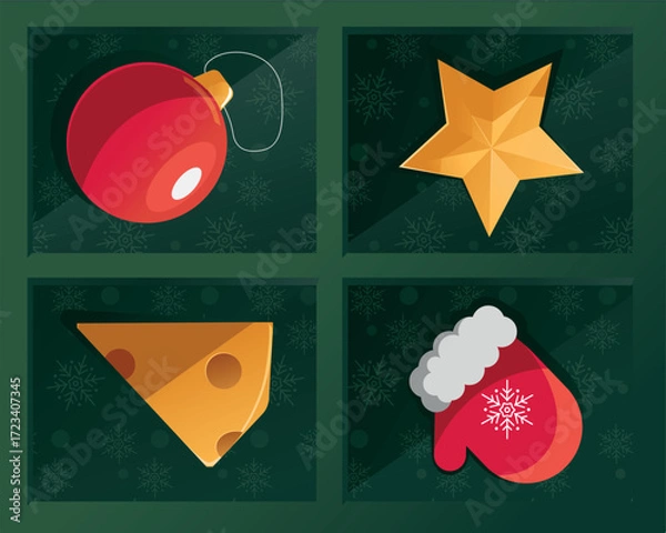 Obraz A whimsical vector Christmas poster dedicated to the Year of the Rat. The festive box contains all the necessary holiday attributes: a Christmas tree ornament, a mitten, a star, and a piece of cheese