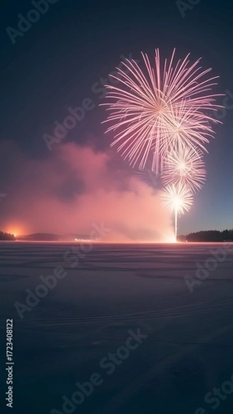 Fototapeta Festive Fireworks Spectacle: A mesmerizing display of vibrant fireworks lights up the night sky. The vivid bursts of color dance and shimmer over a serene snowy landscape.