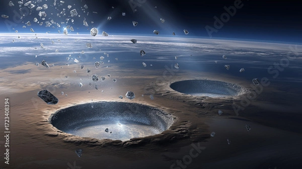 Fototapeta shards. Prehistoric Earth wrapped in luminous rings with diamond shards raining onto cratered terrain. STEM education sheets.