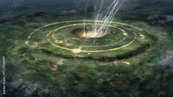 Fototapeta shards. Prehistoric Earth wrapped in luminous rings with diamond shards raining onto cratered terrain. STEM education sheets.
