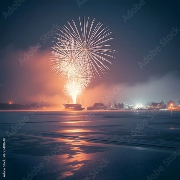 Fototapeta Fireworks over Frozen Lake: A mesmerizing spectacle of vibrant fireworks illuminates a frozen lake against the backdrop of a dark night sky, casting a captivating reflection on the icy surface.