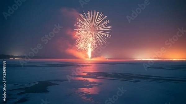 Fototapeta Fireworks on Frozen Lake: A vibrant display of fireworks illuminates the night sky over a serene, frozen lake, reflecting in the icy surface.