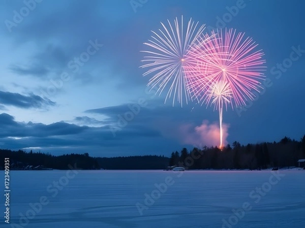 Fototapeta Celestial Celebration: Fireworks illuminate the twilight sky, a captivating spectacle reflected upon the calm surface of the lake, capturing a moment of joyous festivity.