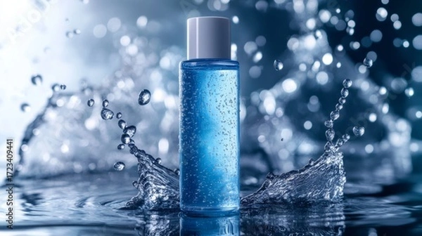 Obraz Display of cosmetics with splashing water droplets background