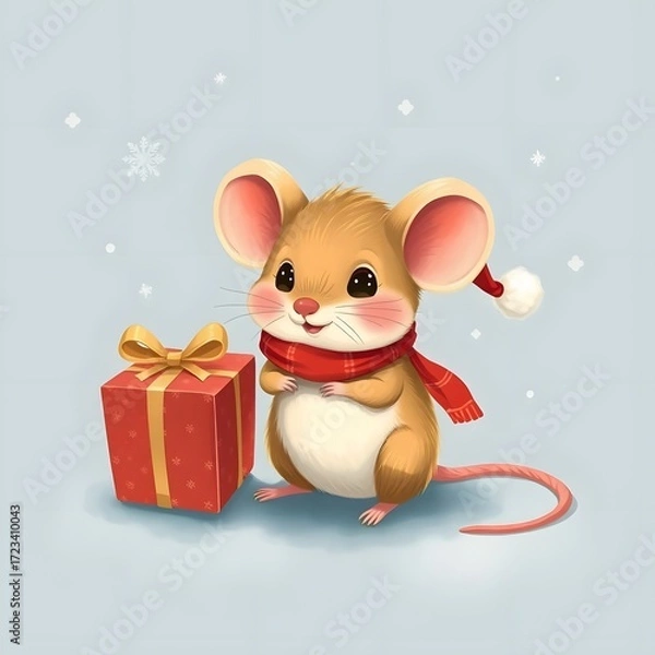 Fototapeta Festive Mouse with Gift: A charming and adorable mouse, wearing a festive hat and scarf, stands beside a beautifully wrapped gift, creating a sense of warmth and joy