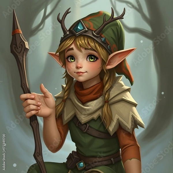 Fototapeta Enchanting Elf in the Mystical Woods: A captivating depiction of an elf child in a lush forest, with enchanting features, holding a staff.