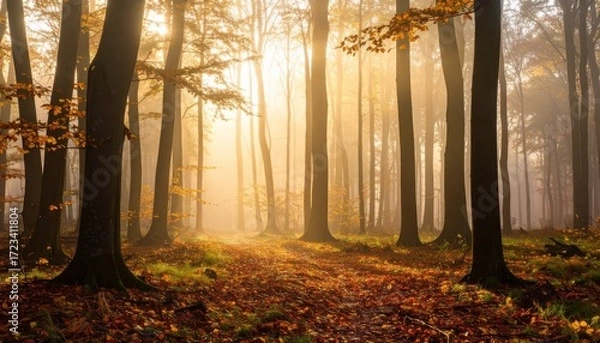 Fototapeta Morning light filters through trees in a serene forest during autumn