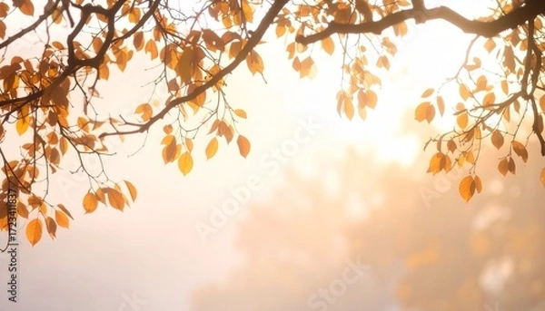 Fototapeta Autumn leaves glow in warm sunlight during a serene morning at a peaceful park