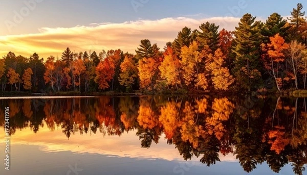 Fototapeta Vibrant autumn colors reflected on a serene lake at sunset in a tranquil forest