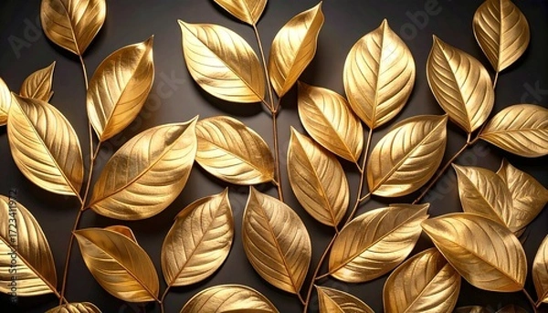 Fototapeta Decorative golden leaves arranged elegantly on a dark background for a luxurious aesthetic