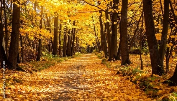 Fototapeta Autumn path lined with golden leaves in a serene forest during a sunny afternoon
