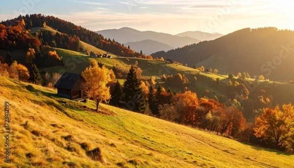 Fototapeta Vibrant autumn landscape featuring a rustic cabin amidst rolling hills at sunset in a serene countryside setting