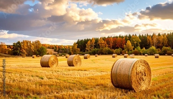 Fototapeta Golden fields in autumn with hay bales scattered under a dramatic sky during sunset