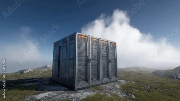 Fototapeta Data Center Server Rack in Remote Landscape with Cloudy Sky