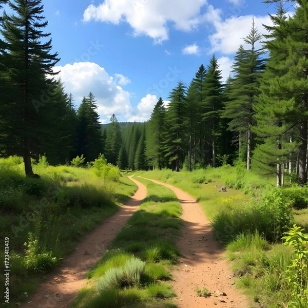 Fototapeta Forest Trail Under Blue Sky: A sun-drenched trail snakes its way through a verdant forest, inviting exploration and adventure under a bright blue sky dotted with fluffy clouds.