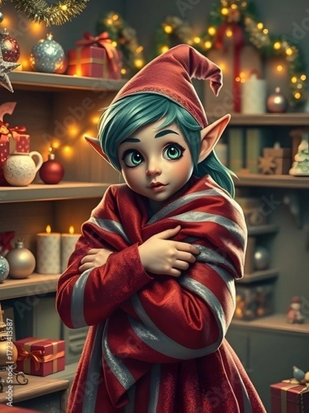 Fototapeta Christmas Elf's Whimsy: A charming elf with an adorable appearance is surrounded by the warmth and cheer of Christmas in a magical workshop. 