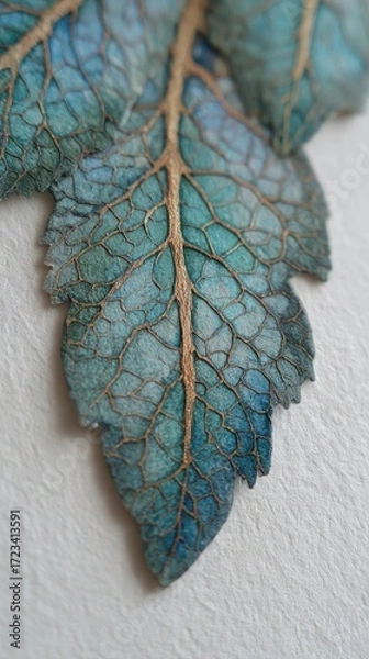 Fototapeta Delicate, intricate leaf artwork showcasing a vibrant teal and gold color palette, revealing the detailed vein structure.
