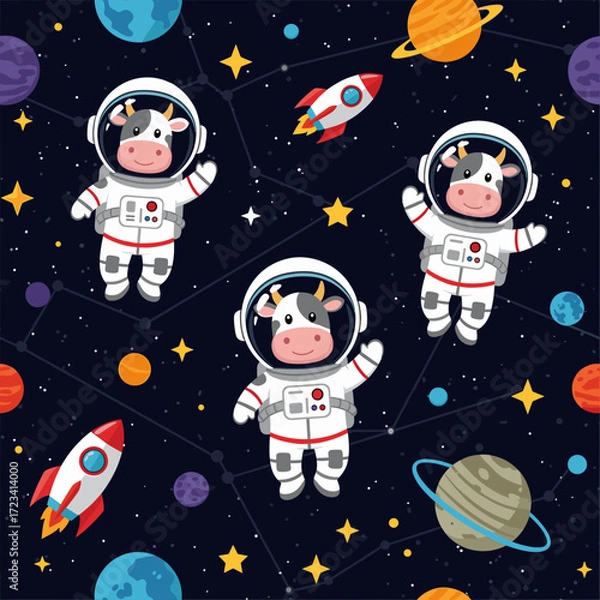 Fototapeta Smiling astronaut cows explore space with planets and rockets Fun cosmic adventure for kids