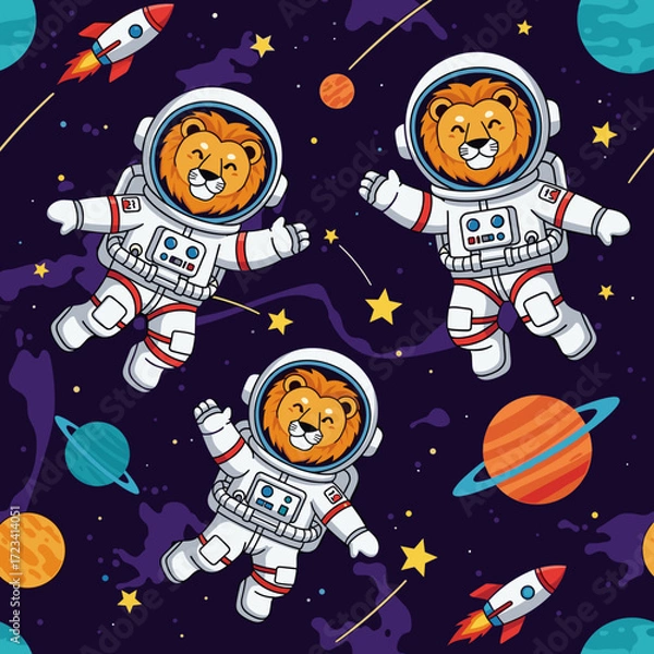 Fototapeta Happy lion astronauts explore space with planets and rockets Childhood adventure