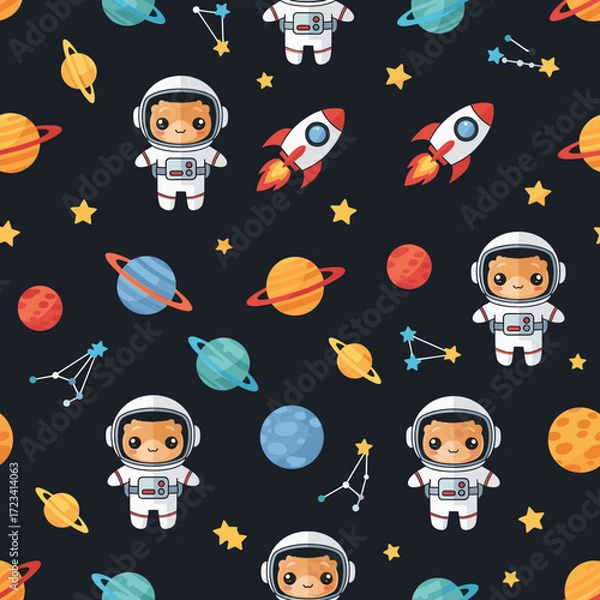 Obraz Cute cartoon astronauts rockets and colorful planets in a fun space seamless pattern