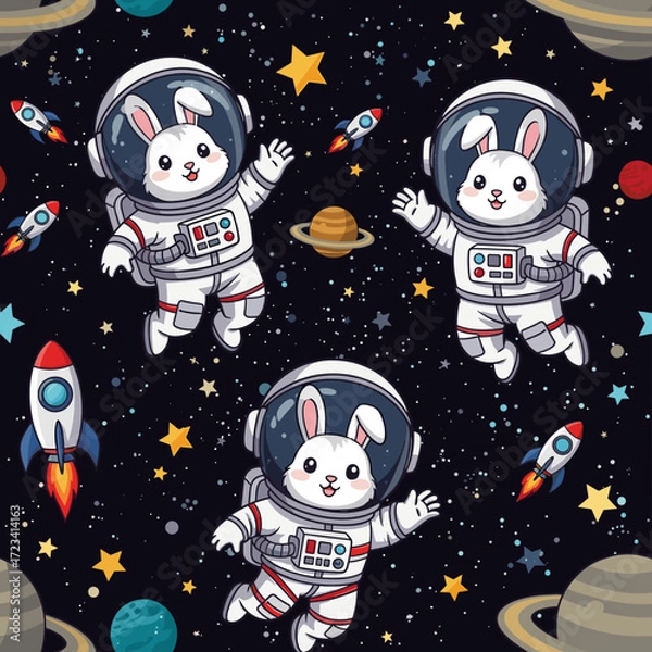 Obraz Cute cartoon bunnies in astronaut suits float happily among rockets and planets in space
