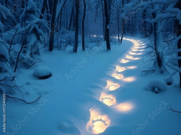 Fototapeta Footprints in the snowy wood: A close-up of bear footprints in the fresh snow, suggesting the direction of a path, leading into a wintery wilderness, evokes mystery and adventure in the frozen forest.