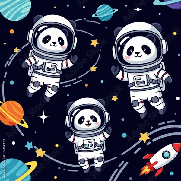Obraz Three cute astronaut pandas float in space with planets stars and a rocket Kids adventure