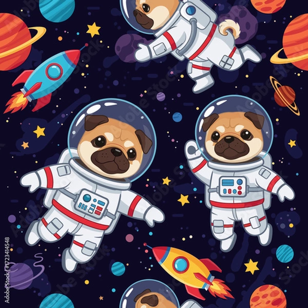 Fototapeta Cute astronaut pugs explore outer space with rockets and colorful planets Playful cosmic adventure