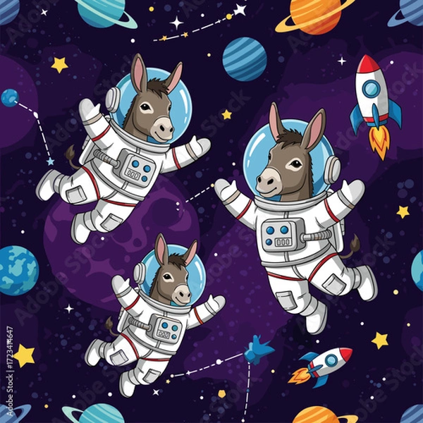 Fototapeta Cute cartoon donkeys exploring space as astronauts among planets and stars Fun adventure