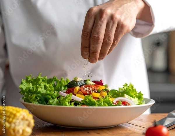 Obraz Chef seasons a vibrant salad