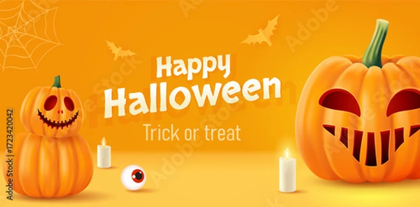 Fototapeta Halloween background with smiling pumpkins, bats and candle lights. Greeting card for party and sale. Autumn holidays.

