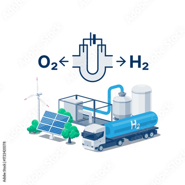 Obraz Hydrogen production facility plant with green energy electricity, electrolysis, storage tanks pipeline equipment and transportation semi truck with fuel cistern trailer. Factory production process.