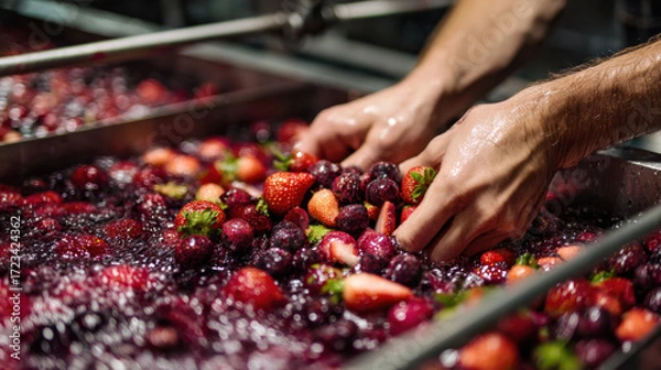 Obraz Fresh strawberries and raspberries being washed in a large container filled with water as hands carefully sort through the fruit for cleaning purposes.