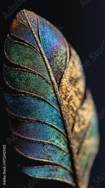 Fototapeta Close-up of a meticulously crafted, iridescent feather, showcasing vibrant hues of teal, gold, and deep blues, with a detailed texture.