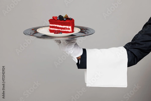 Fototapeta Close up cropped barista male waiter butler hold in hand tray with piece of cake dessert isolated on pastel plain grey color wall background studio. Restaurant concept. Copy space advertising mock up.