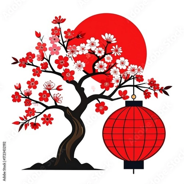 Obraz Cherry blossom tree with lantern, Asian style
